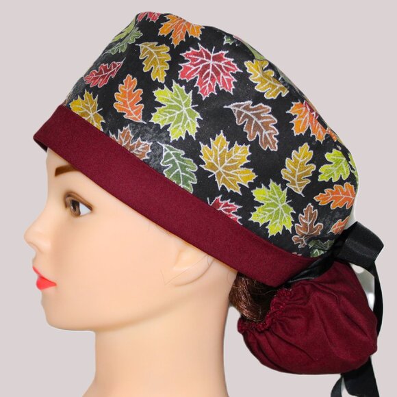 Autumn Leaves Sparkle Ponytail Scrub Cap, Handmade NWOT - Picture 4 of 7